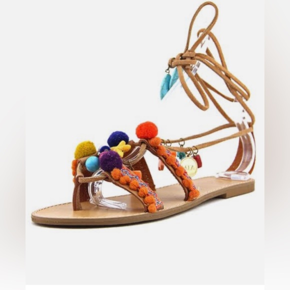 MIA Shoes - MIA Lace Up multi-colored Pom Poms & Charms Sandals - NIB!